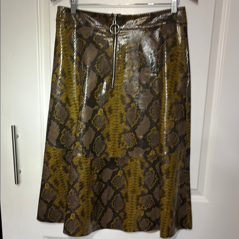 Zara Brown and Yellow A-Line Midi Skirt Cocktail Faux Snakeskin EUC